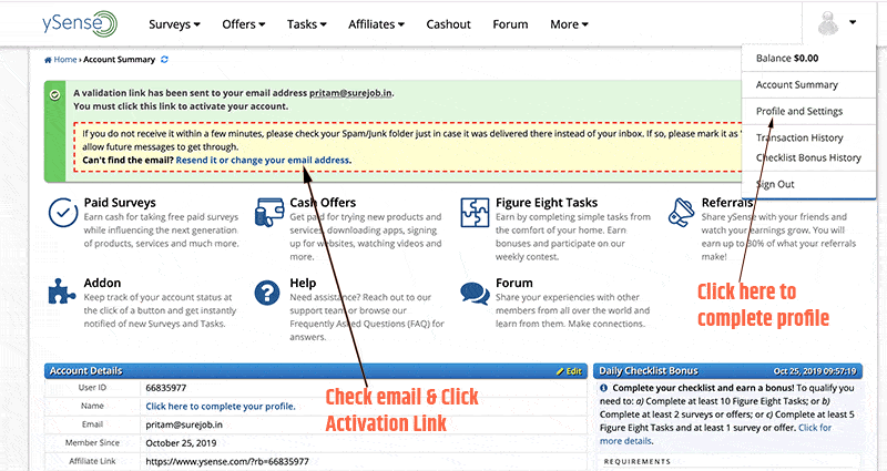 ySense email activation