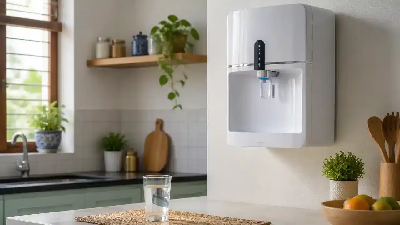 Modern wall-mounted water purifier in an Indian kitchen with a glass of drinking water