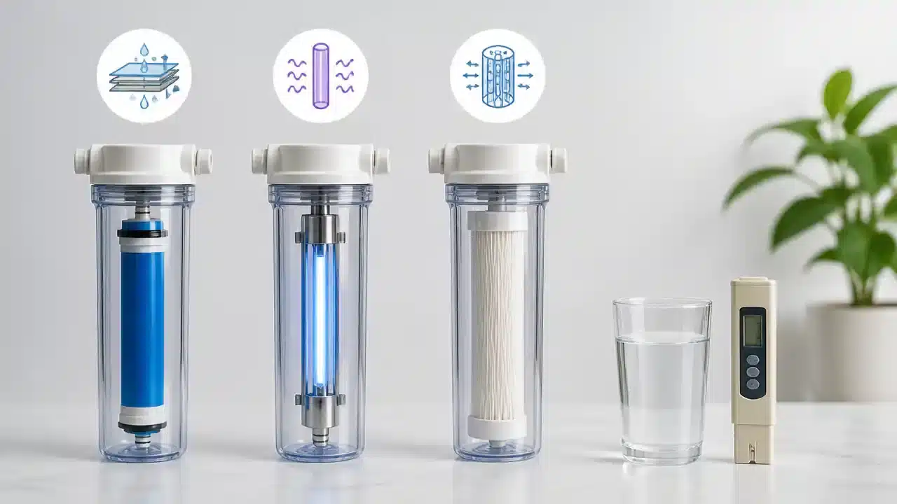 RO membrane, UV chamber and UF filter cartridges with a TDS meter on a table