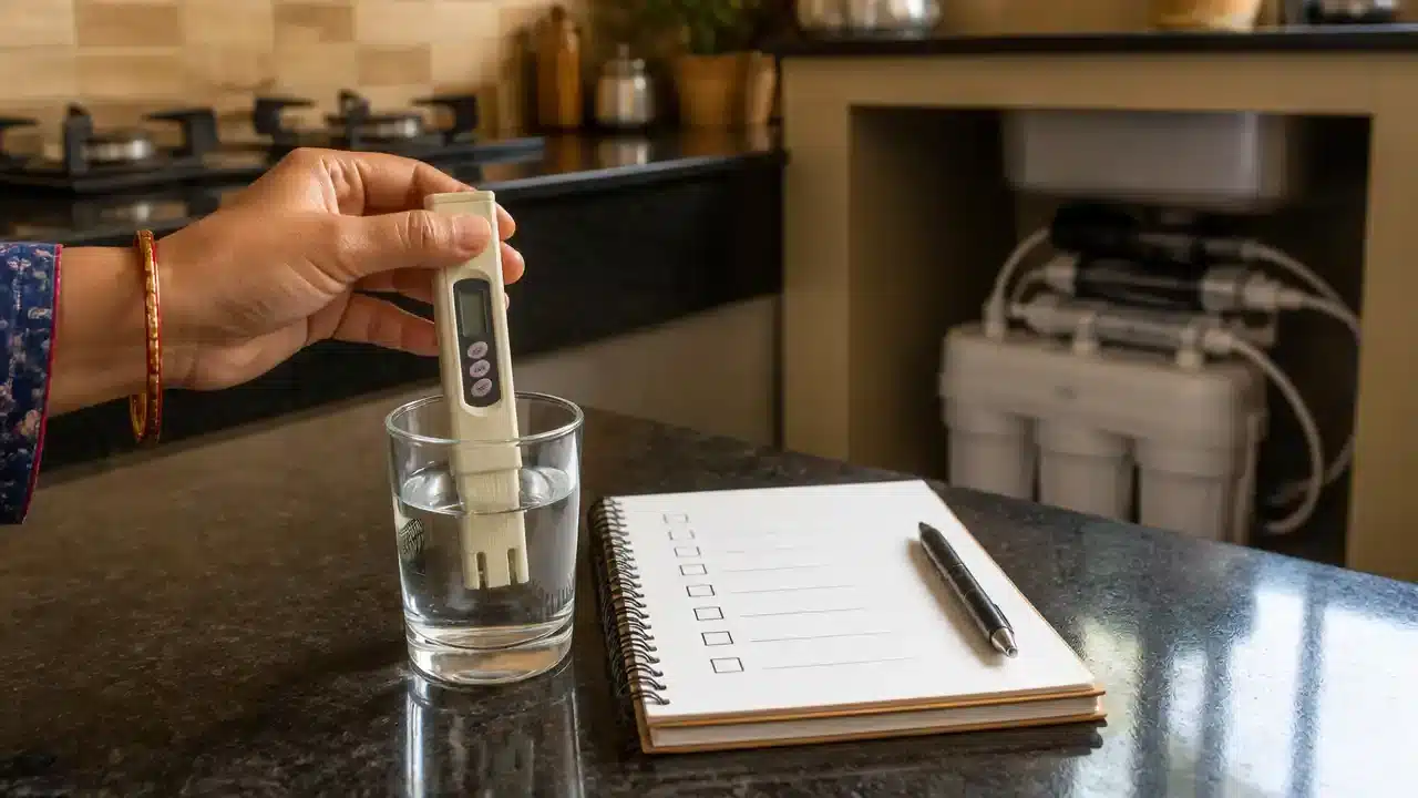 Hand using a TDS meter to test water in a glass on a kitchen counter